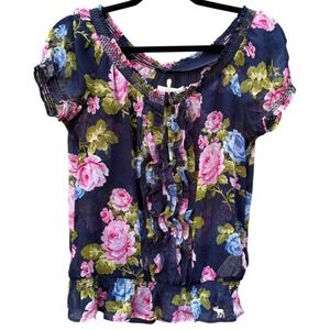 Abercrombie & Fitch Womens Medium Blouse Navy Blue Floral Ruffle Smocked Peplum
